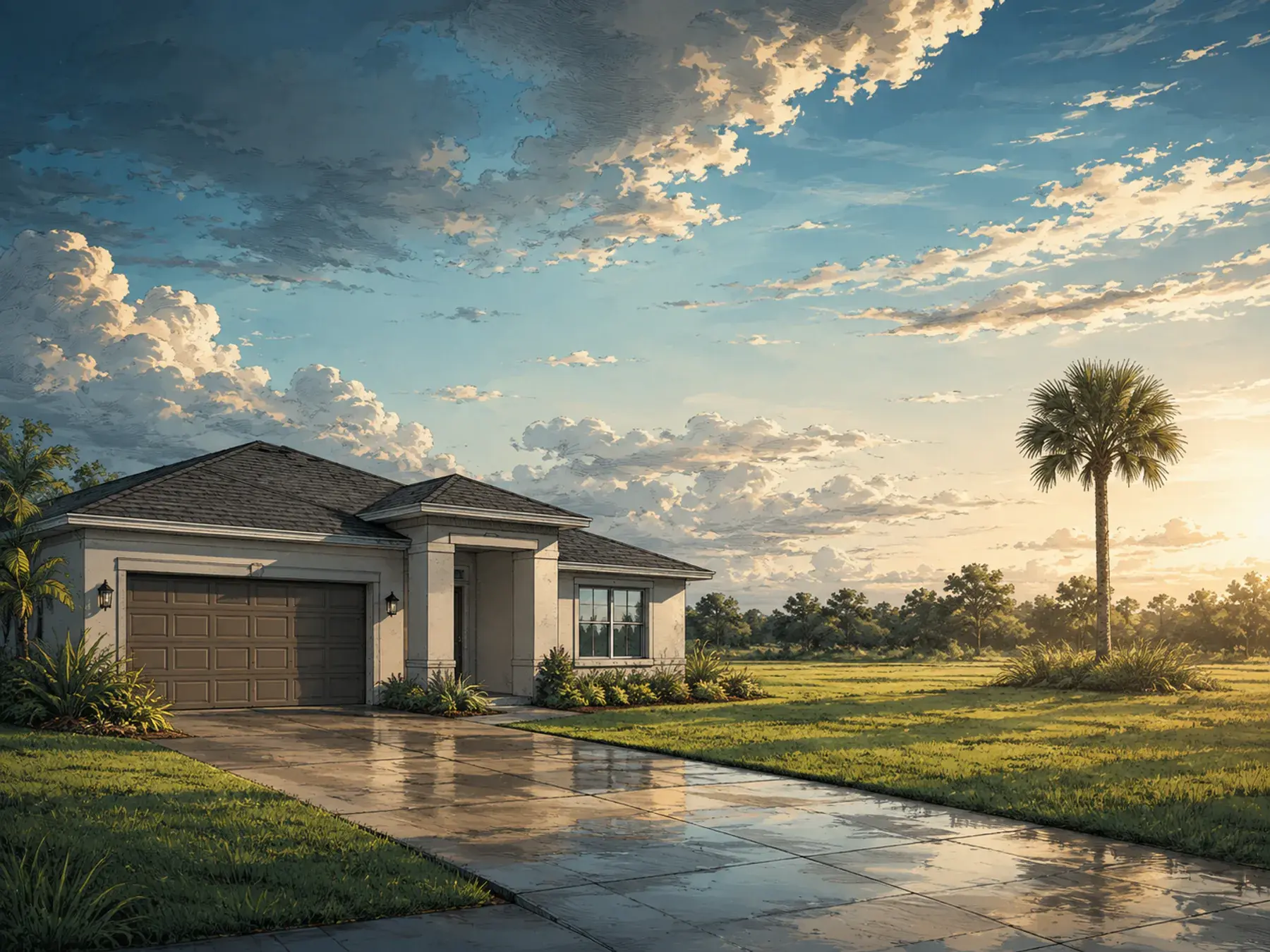 Florida house beside an open residential lot in warm afternoon light