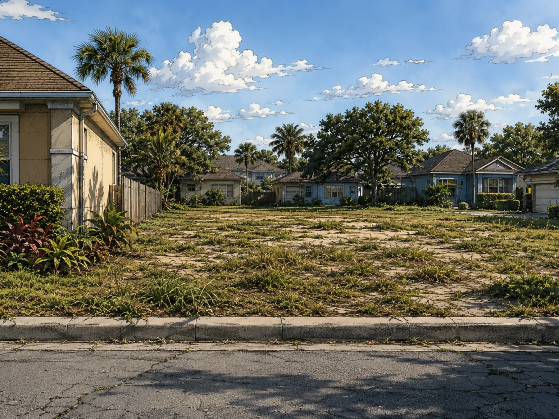Vacant Florida residential lot with road access and a distant tree line